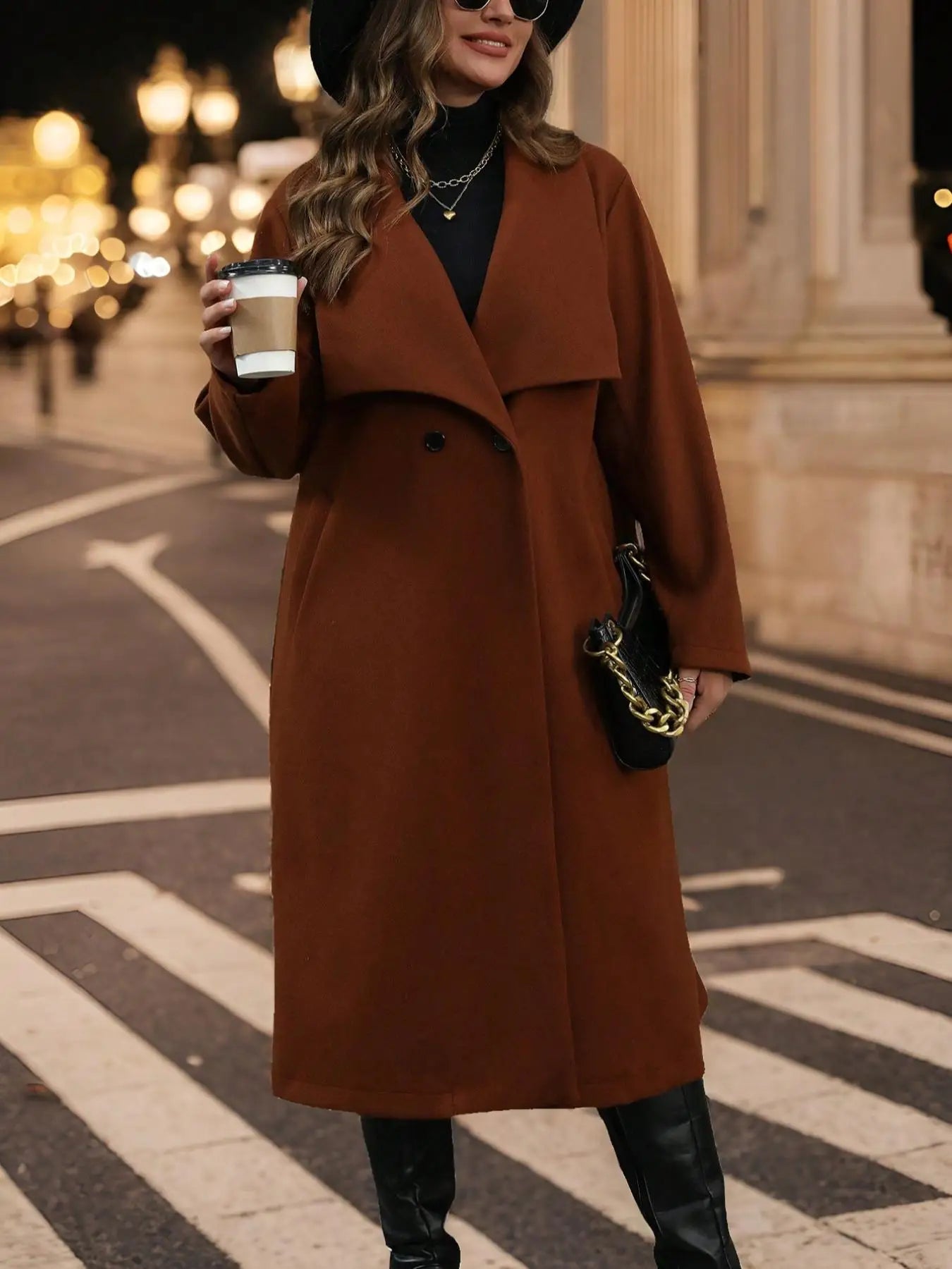 Caramel Brown Wool Blend Coat - Mid-Length Oversized Lapel Outerwear for Fall & Winter