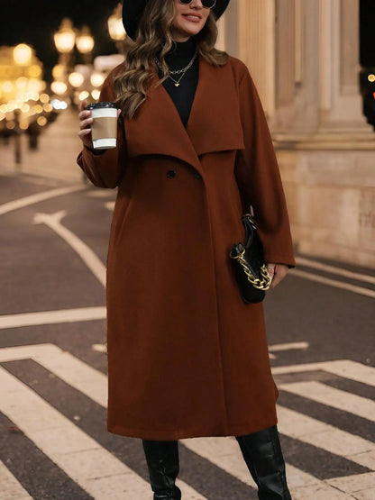 Caramel Brown Wool Blend Coat - Mid-Length Oversized Lapel Outerwear for Fall & Winter