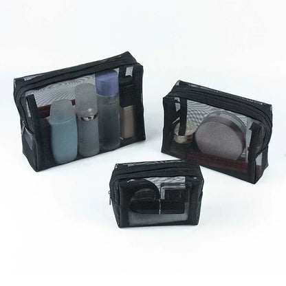 Transparent Mesh Zipper Cosmetic Bag – Fashionable Black Toiletry Organizer, Small & Large Makeup Pouch for Women