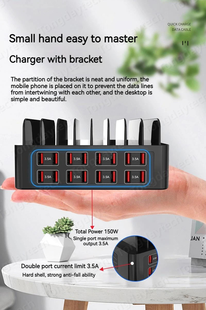 150W Universal Multi USB Fast Charger – 16-Port 3.5A Max Charging Station Stand for iPad, iPhone 14/13, Samsung S22, Xiaomi Tablet