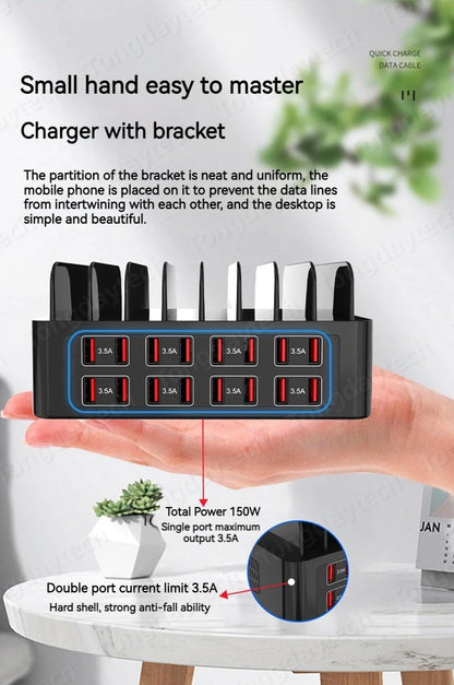 150W Universal Multi USB Fast Charger – 16-Port 3.5A Max Charging Station Stand for iPad, iPhone 14/13, Samsung S22, Xiaomi Tablet