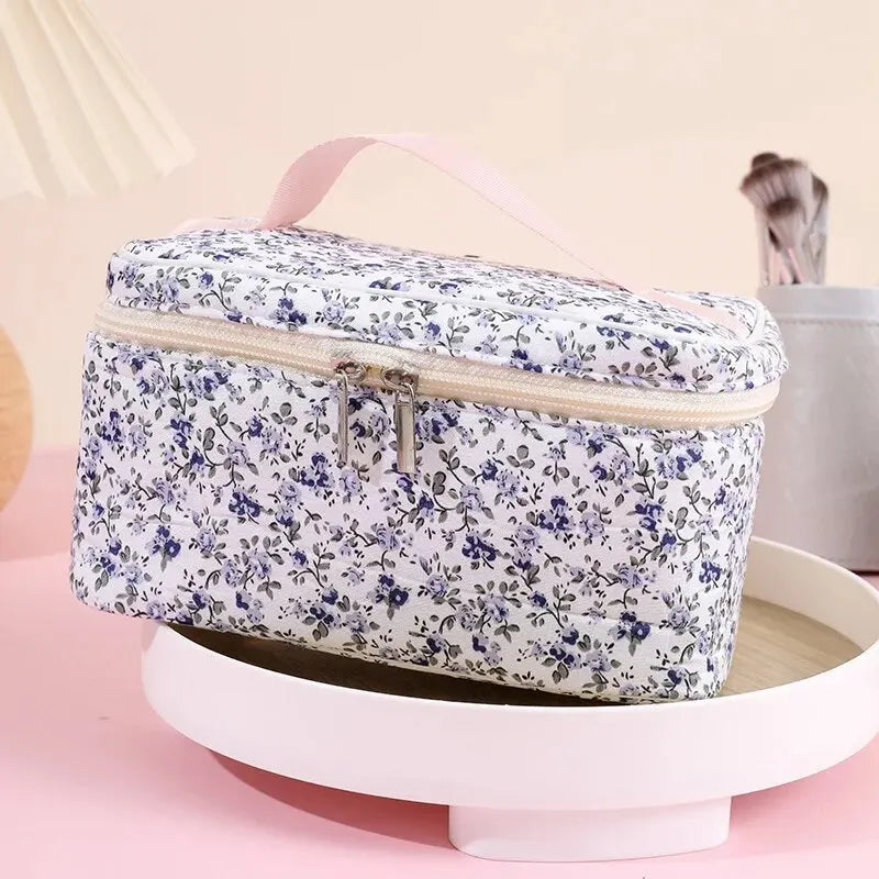 Cotton Floral Cosmetic Pouch – Dual Zipper Makeup Organizer, Portable Travel Storage & Wash Bag