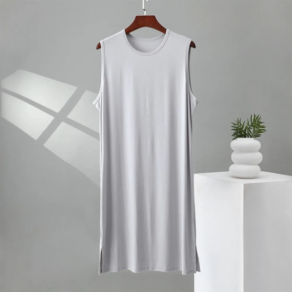 Men’s Knee-Length Sleep Robe - Oversized Sleeveless Plus Size Nightwear for Travel