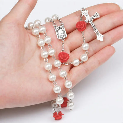 6mm Pink Rosary Necklace – Rose Glass Beads Chain with Crucifix Cross INRI Pendant, Religious Prayer Jewelry for Men & Women