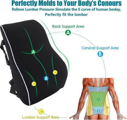 Non-Slip Memory Foam Lumbar Support Pillow – Back Pain Relief Cushion for Car, Office & Home Seat Comfort Waist Support Pillow