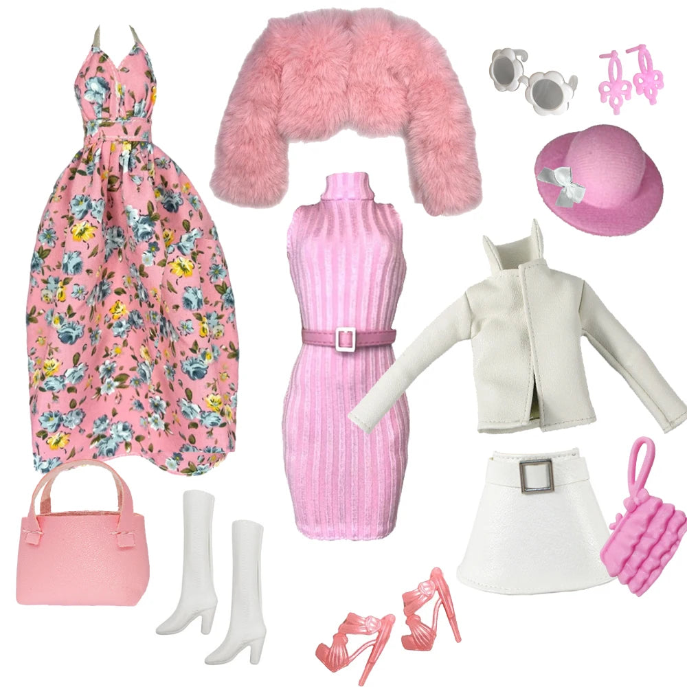 Elegant 1/6 Doll Outfit – Pink Houndstooth Dress, Hat, Gold Belt, Handbag & Shoes Set