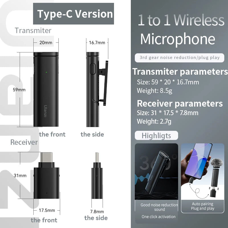 Ulanzi WM-10 Wireless Lavalier Microphone – 1-to-1 USB-C Mic for Android & iPhone, Windproof Sponge for Live Streaming & Recording