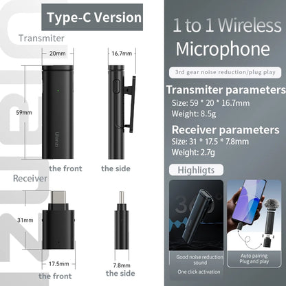 Ulanzi WM-10 Wireless Lavalier Microphone – 1-to-1 USB-C Mic for Android & iPhone, Windproof Sponge for Live Streaming & Recording