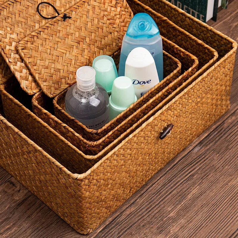 Hand-Woven Seaweed Storage Basket with Lid - Multi-Purpose Sundries Organizer, Cosmetic, Toy, and Clothes Container