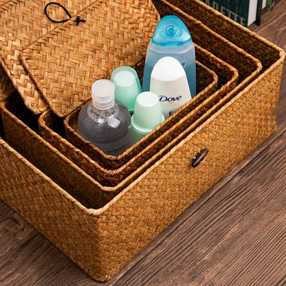 Hand-Woven Seaweed Storage Basket with Lid - Multi-Purpose Sundries Organizer, Cosmetic, Toy, and Clothes Container