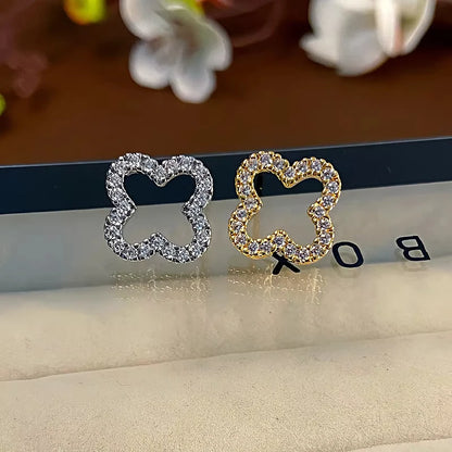 Women’s Leaf Hollow Zircon Stud Earrings – Elegant Triple Flower Fashion Jewelry for Party & Gift
