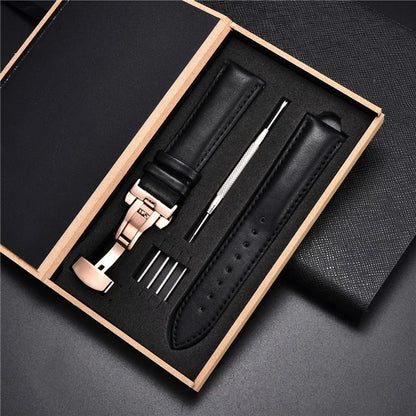 Genuine Leather Watch Strap - 18mm, 20mm, 22mm & 24mm Replacement Band with Butterfly Buckle for Men and Women