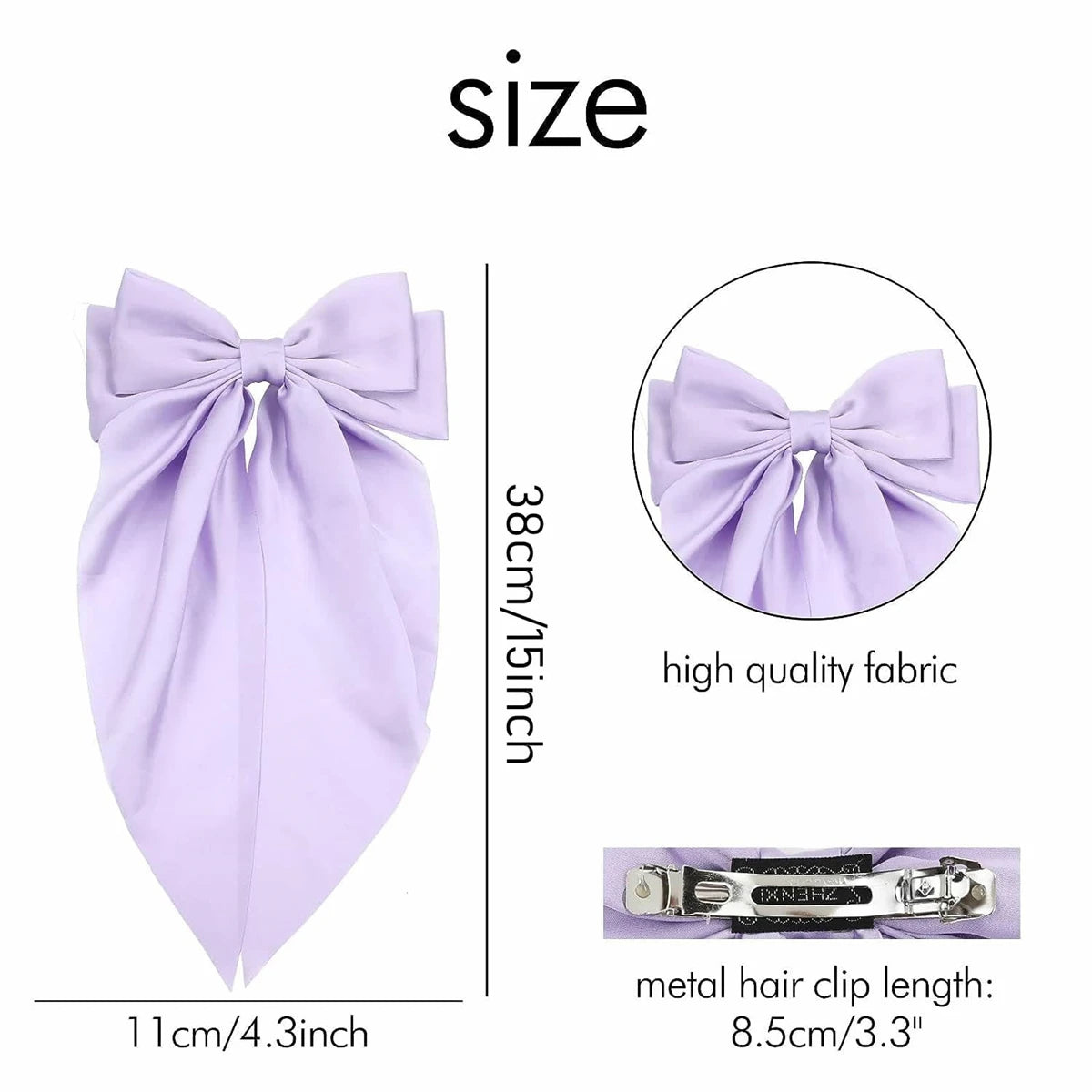 8 Ladies Satin Ribbon Bow Hair Clips – Oversized White, Pink, Red, Blue, Black Long Tail, Spring Clip for Ponytail Hair Accessories