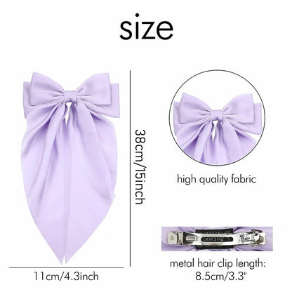 8 Ladies Satin Ribbon Bow Hair Clips – Oversized White, Pink, Red, Blue, Black Long Tail, Spring Clip for Ponytail Hair Accessories