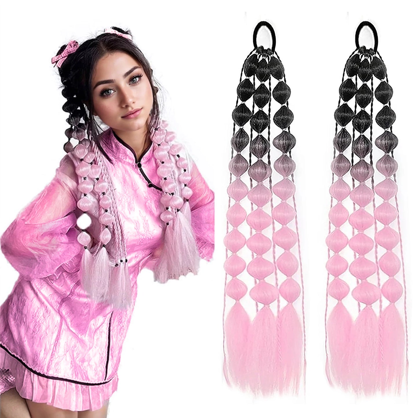 Colorful Bubble Braid Ponytail Extension – Long Lantern Braided Synthetic Hairpiece with Tie