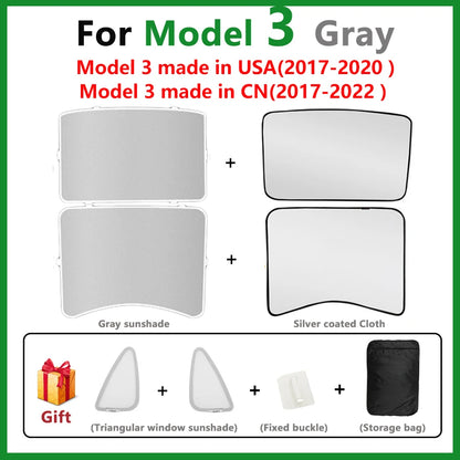 Split Sunshade for Tesla Model 3 (2017-2023) & Model Y – Front & Rear Sunroof Windshield Skylight Glass Roof Cooling Shade