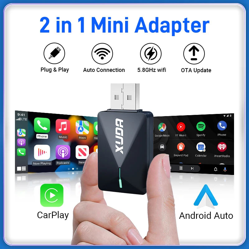 2 in 1 Mini Wired to Wireless CarPlay & Android Auto Adapter – 5GHz WiFi5 for Cars with Wired CarPlay/Auto