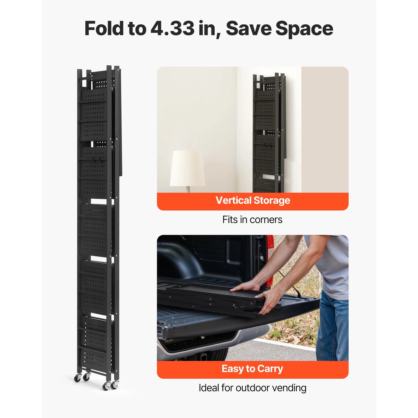 SucceBuy 3-6 Tier Black Foldable Storage Rack — Wheeled Metal Shelving Organizer for Garage & Kitchen