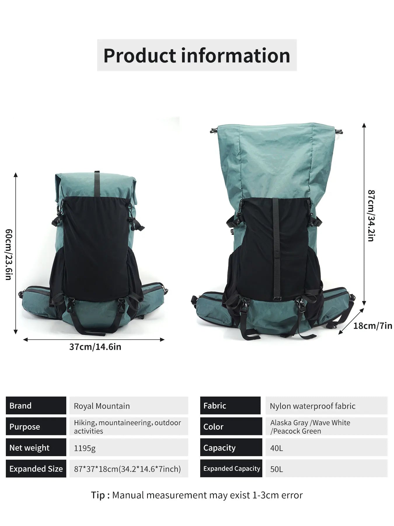 40L Outdoor Hiking Backpack – Waterproof Camping & Climbing Bag, Large Capacity Travel Backpack for Men & Women (2024 New)