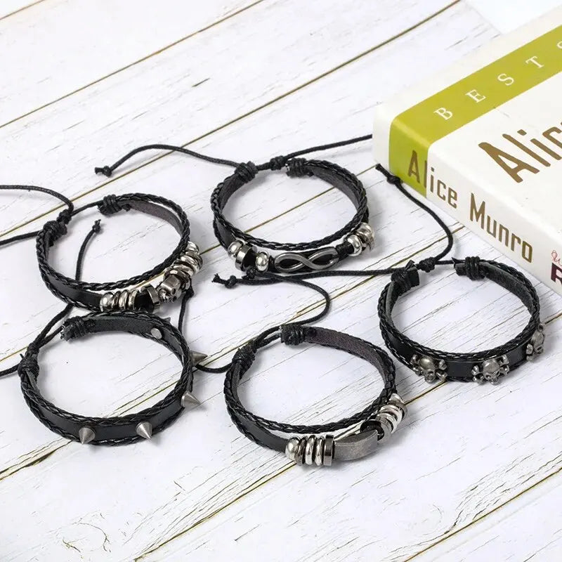 5PCS Punk Bracelet Set - DIY Braided PU Leather Beaded Metal Wristbands