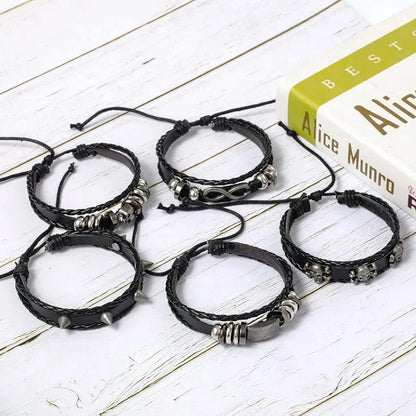 5PCS Punk Bracelet Set - DIY Braided PU Leather Beaded Metal Wristbands
