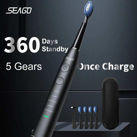 Seago SG-575 Sonic Electric Toothbrush – USB Rechargeable Adult Toothbrush with 4 Replacement Heads, Travel Case & 360-Day Battery Life, IPX7 Waterproof