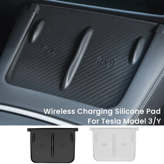 Tesla Model 3/Y Wireless Charging Pad – Silicone Carbon Fiber Central Control Charger Protector, Non-Slip Mat Accessory