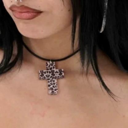 Y2K Leopard Zebra Cross Necklace - Kawaii Goth Punk Acrylic Jewelry for Women