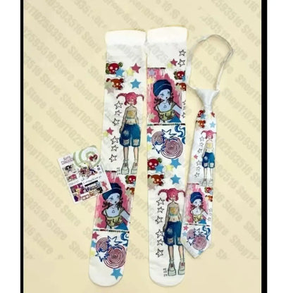 Y2K Punk Graffiti Thigh-High Socks - White Harajuku Over-Knee Stockings for Cosplay, Kawaii & Streetwear