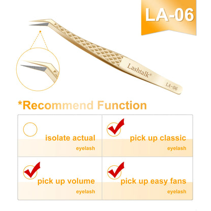 Lashtalk Precision Fiber Tip Tweezer - Diamond Grip Anti-Slip Gold Stainless Steel for Eyelash Extensions Makeup by Nagaraku