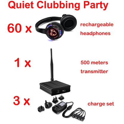 Silent Disco Complete System – Black LED Wireless Headphones Bundle with 5 Headsets & 1/2/3 Transmitters for Quiet Parties