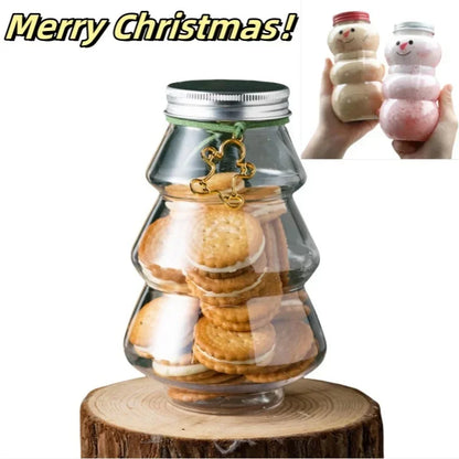 500ml Christmas Candy & Biscuit Bottles – Snowman & Tree Shaped Drink Containers for Juice, Milk Tea, Food Storage & Party Favors