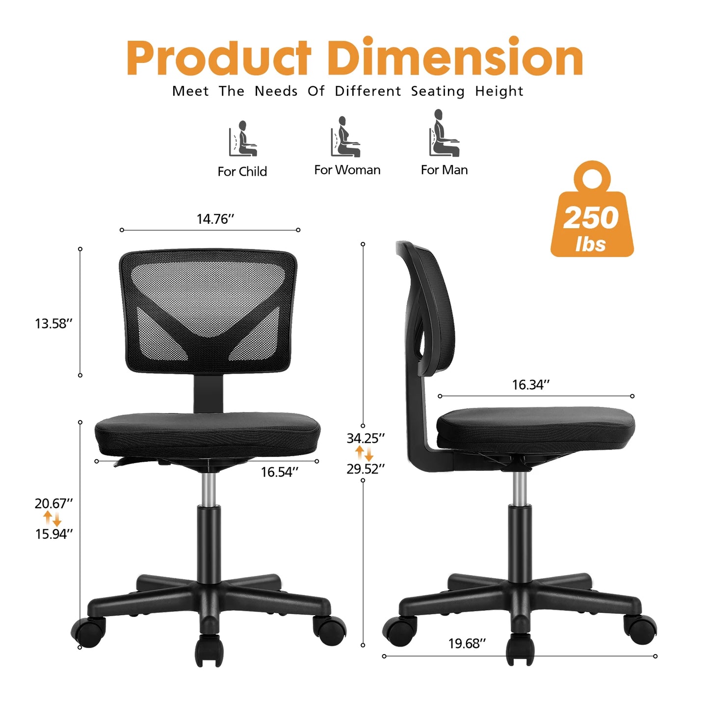Mesh Armless Office Chair – Low Back with Lumbar Support, Adjustable Height, 360° Swivel & Wheels
