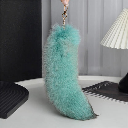 Natural Fox Fur Tail Keychain – 40cm Furry Racoon Bag Charm & Fluffy Keyring Accessory for Women