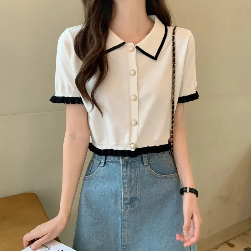 Women’s Summer Knitted Blouse — Chic Retro Slim Short Sleeve Crop Top, All-Match Style