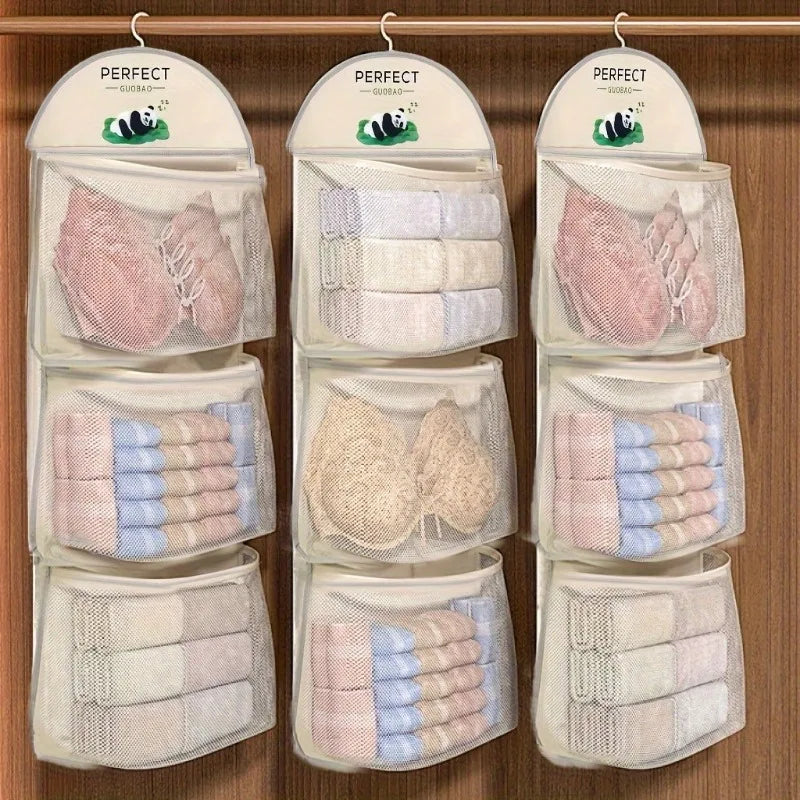 3-Tier Hanging Underwear & Socks Organizer - Wall-Mounted Mesh Storage Bag with Visible Pockets