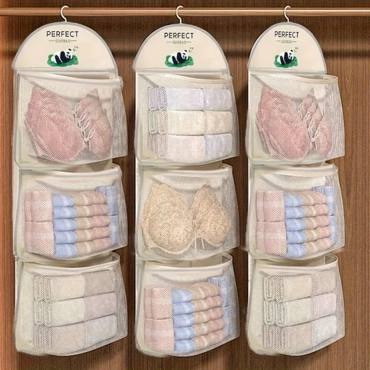 3-Tier Hanging Underwear & Socks Organizer - Wall-Mounted Mesh Storage Bag with Visible Pockets