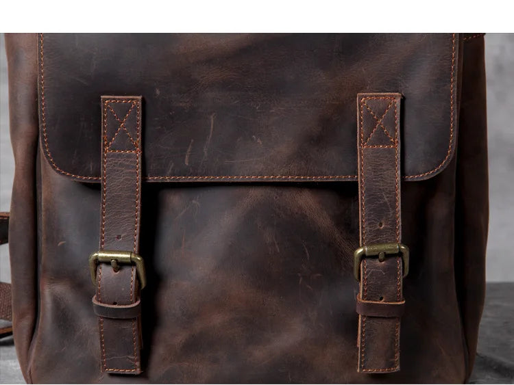 Vintage Crazy Horse Leather Backpack for Men — 17" Laptop Travel Rucksack Cowhide Hiking Bag M815