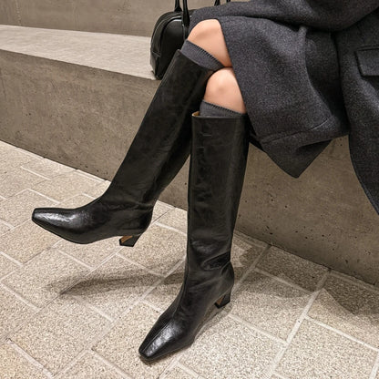 Women’s Genuine Leather Knee-High Boots – 5.5cm Thin Heel, Square Toe Slip-On Autumn Long Boots