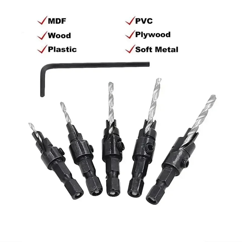 5PCS Woodworking Countersink Drill Bit Set – One-Piece Hex Handle Twist Drill with Chamfering Tool