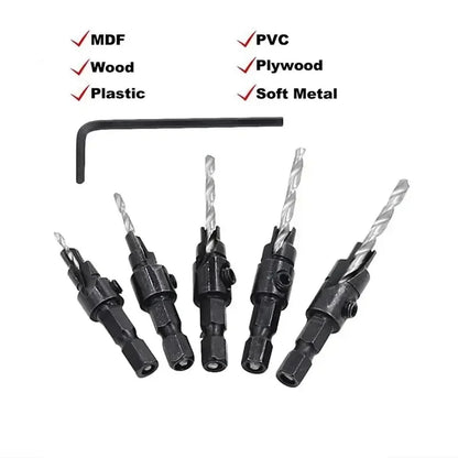 5PCS Woodworking Countersink Drill Bit Set – One-Piece Hex Handle Twist Drill with Chamfering Tool