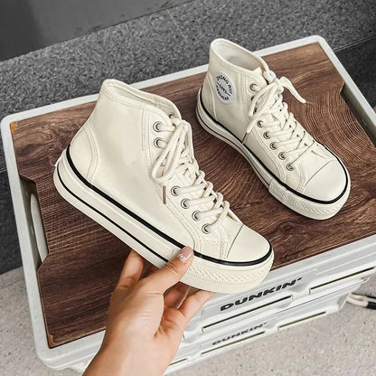Women’s High-Top Canvas Shoes — Round-Toe, Low-Profile, Breathable Flat Heel Board Shoes for Spring/Summer