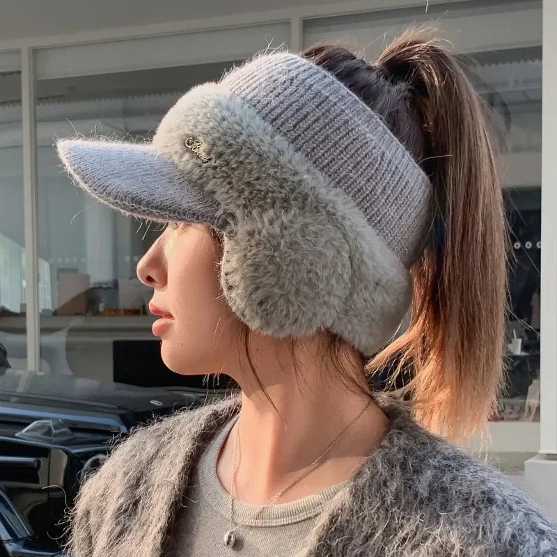 Winter Hats for Women 2023 – Fashionable Knitted Earflap Baseball Cap, Windproof Ponytail Visor for Outdoor Sports