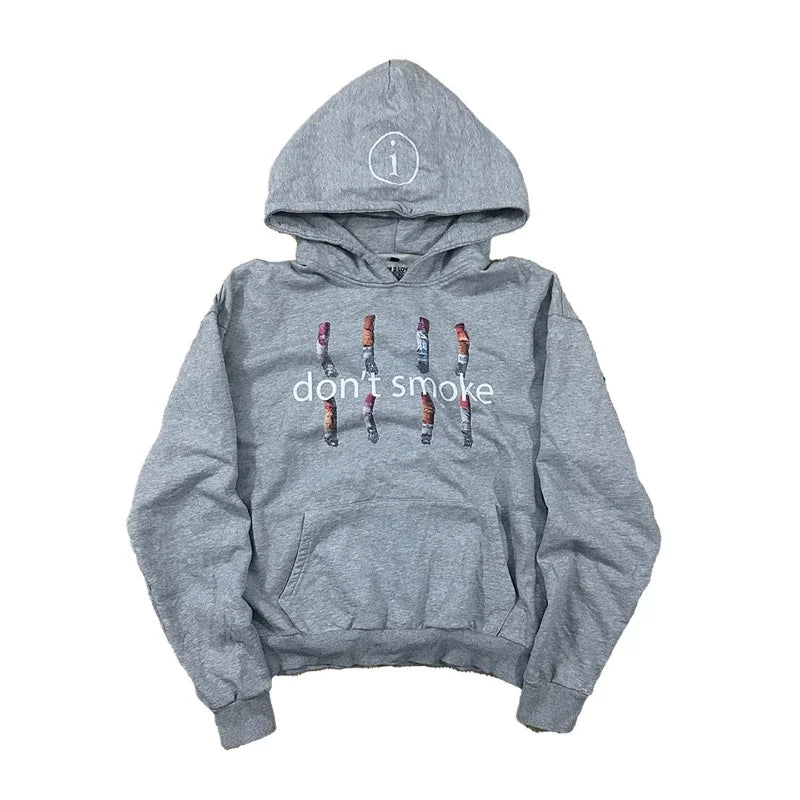 Y2K Gray Sports Hoodie — Retro Smoke Print Sweater, Unisex Vintage Hip Hop Streetwear Loose Jacket