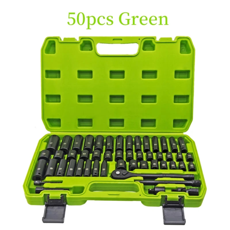 50PCS 3/8 Inch Pneumatic Socket Set - Metric Long & Short Sleeves for Auto Repair, Machinery & Hardware Tools
