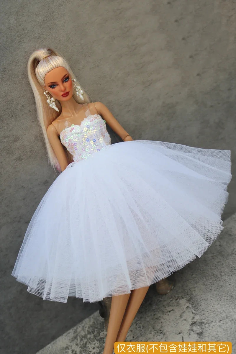 Handmade 1/6 Doll Dress – White & Pink Lace Ballet Evening Gown for Xinyi FR ST BB Dolls