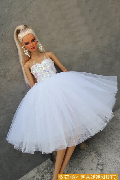Handmade 1/6 Doll Dress – White & Pink Lace Ballet Evening Gown for Xinyi FR ST BB Dolls