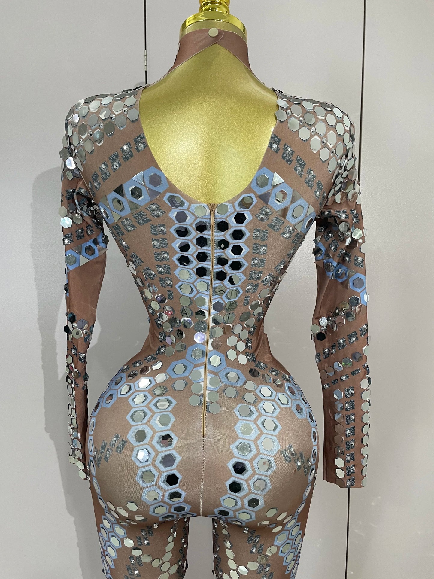 Sexy Shiny Silver Sequin & Black Spandex Jumpsuit — 2025 Women’s Prom, Dancer & Stage Performance Costume