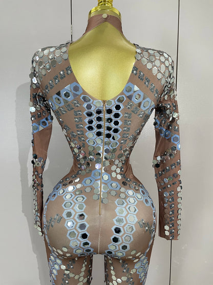 Sexy Shiny Silver Sequin & Black Spandex Jumpsuit — 2025 Women’s Prom, Dancer & Stage Performance Costume