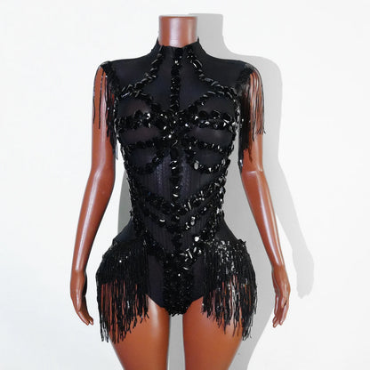 Sexy Shiny Silver Sequin & Black Spandex Jumpsuit — 2025 Women’s Prom, Dancer & Stage Performance Costume
